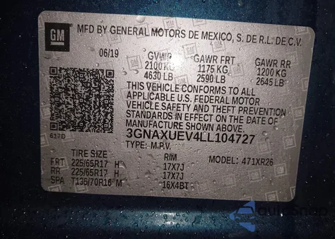 2020 Chevrolet Equinox Awd Lt 1.5L Turbo z USA, uszkodzony, nr VIN 3GNAXUEV4LL104727